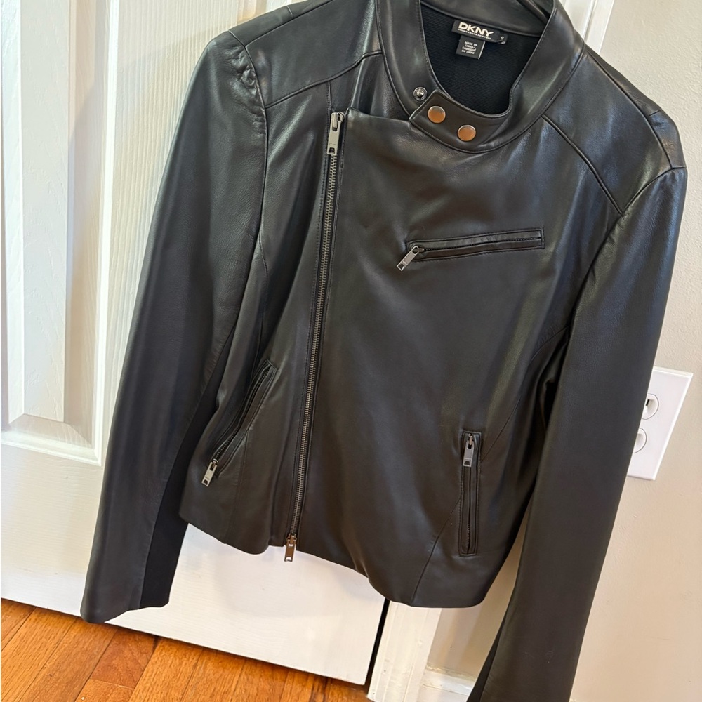 DKNY Asymmetrical Black Leather Jacket